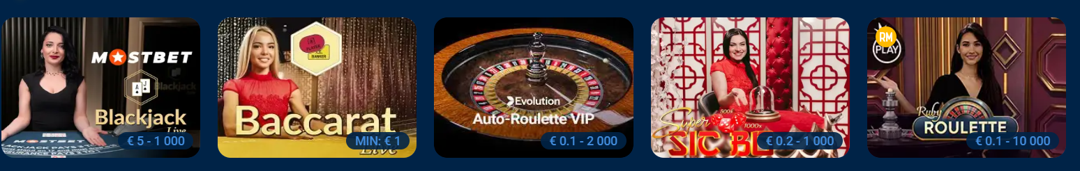 Asztali játékok – rulett asztal, blackjack képernyő és baccarat felület a Mostbet kaszinóban
