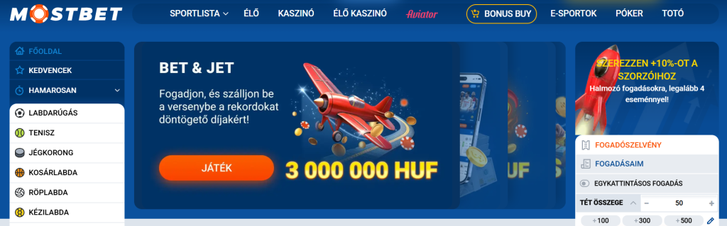 főoldal a Mostbet weboldalból, ahol látszik a menü és a bejelentkezési lehetőség