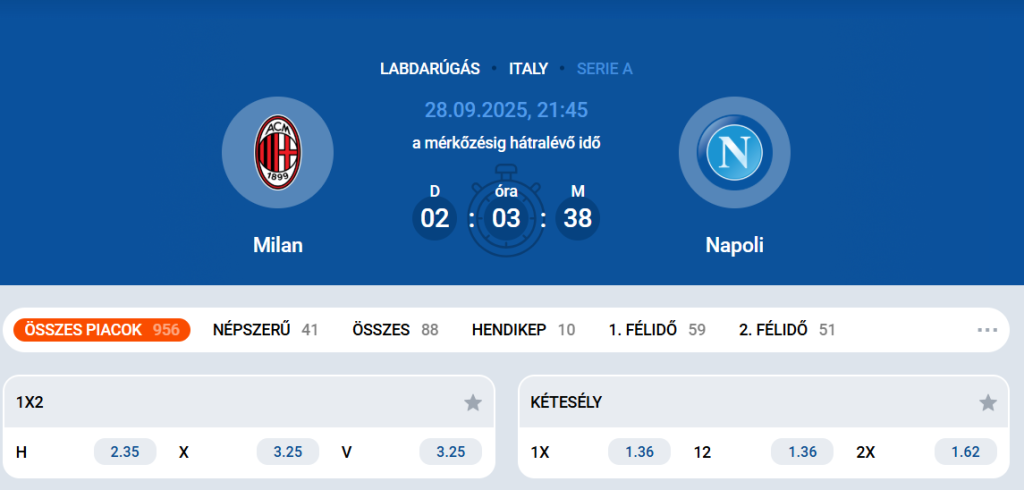 példa egy fogadószelvényről, ahol kiválasztott piac és odds látható